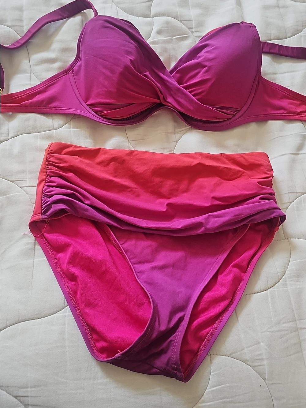 Bleu Rod Beattie Pink Colorblock Bikini Set 34D Underwire High Waist Bottom